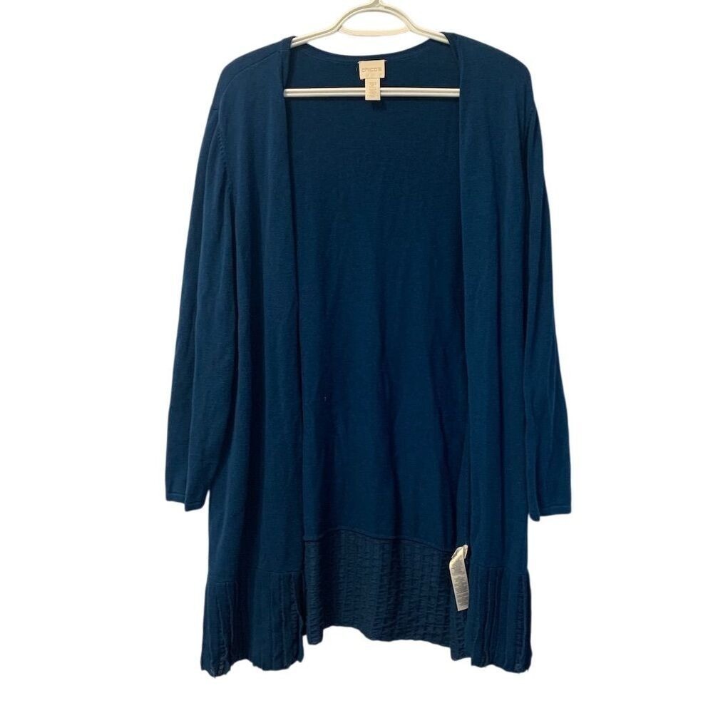 Chicos Teal Blue Open Front Longline Cardigan Pleated‎ Hem 3P Petite